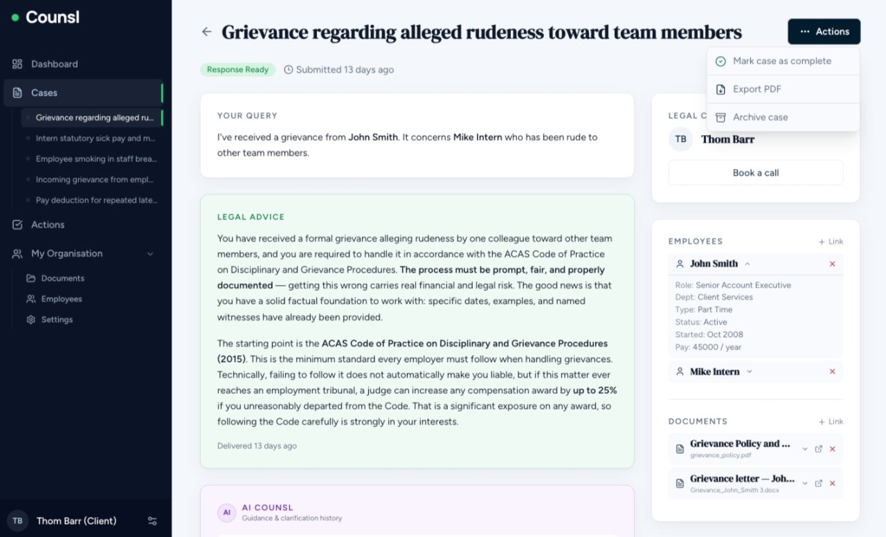 The Counsl platform showing a grievance case with structured legal advice, linked employees and documents